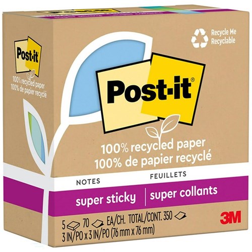 Post-it® Notes 100 654R-5SST Recycled Super Sticky 76x76mm Oasis, Pack of 5