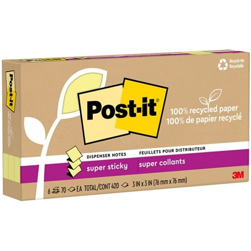 Post-it® Notes 100 R330R-6SSCY Recycled Super Sticky Pop-Up 76x76mm Yellow, Pack of 6