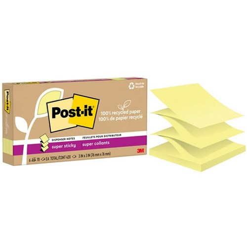 Post-it® Notes 100 R330R-6SSCY Recycled Super Sticky Pop-Up 76x76mm Yellow, Pack of 6