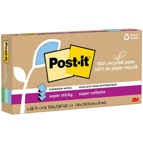 Post-it® Notes 100 R330R-6SST Recycled Super Sticky Pop-Up 76x76mm Oasis, Pack of 6