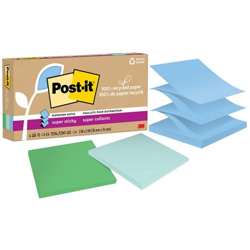 Post-it® Notes 100 R330R-6SST Recycled Super Sticky Pop-Up 76x76mm Oasis, Pack of 6