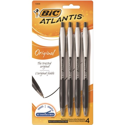 BIC Atlantis Retractable Pen Medium Black, Pack of 4