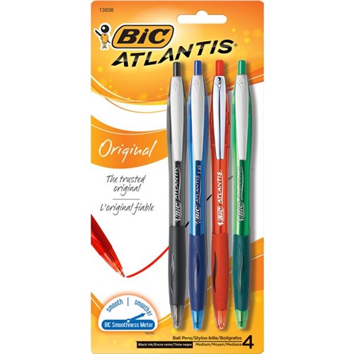 BIC Atlantis Retractable Pen Medium Assorted, Pack of 4