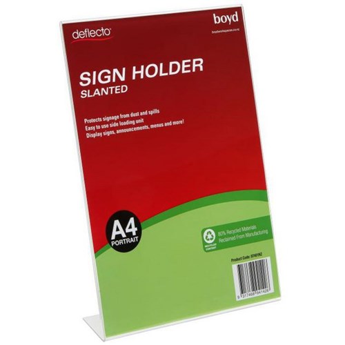 Deflecto L Shaped Slanted Sign Holder A4 Portrait Clear