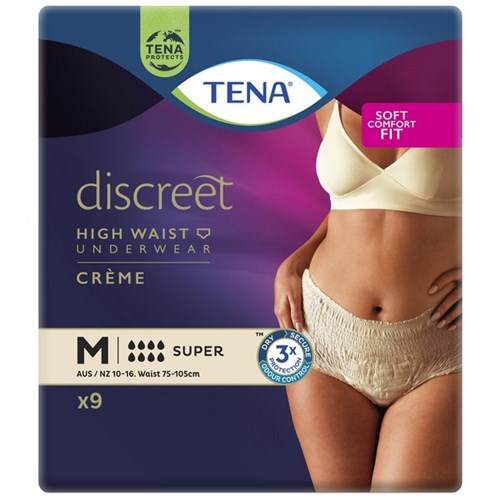 TENA Discreet Creme Continence Pants Women's Super High Waist Medium, Carton of 2 Packs of 9