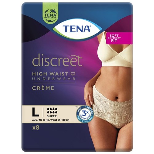 TENA Discreet Creme Continence Pants Women's Super High Waist Large, Carton of 2 Packs of 8