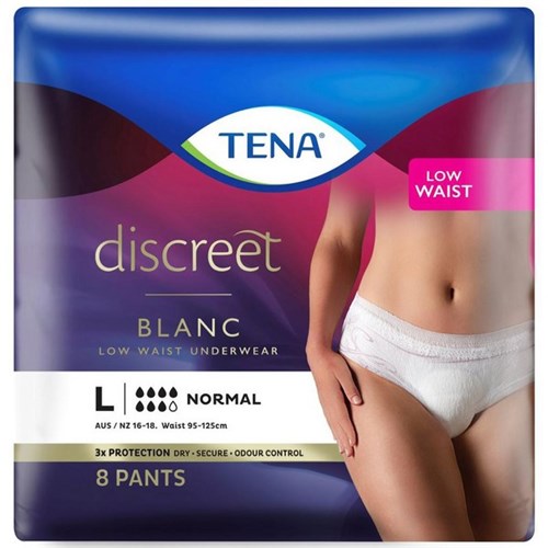 TENA Discreet Blanc Continence Pants Women's Normal Low Waist Large, Carton of 3 Packs of 8