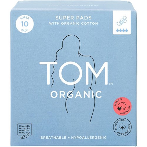 TOM Organic Ultra Thin Super Pads With Wings, Carton of 6 Packs of 10