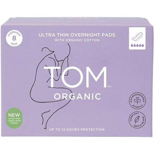 TOM Organic Ultra Thin Overnight Pads With Wings, Carton of 6 Packs of 8