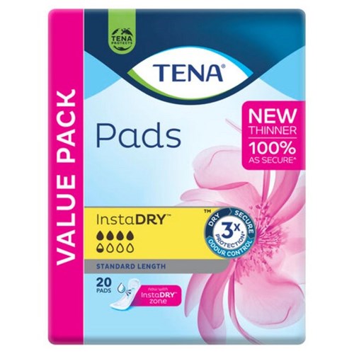 TENA InstaDRY Continence Pads Standard Length, Carton of 6 Packs of 20