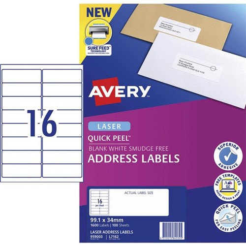 Avery Quick Peel Address Laser Labels L7162 White 16 Per Sheet 100 Sheets