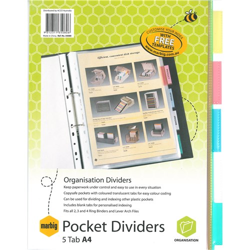 Marbig Index Dividers 5 Tab Top Opening Copysafe Pocket A4