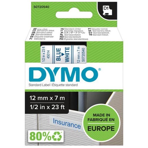 Dymo Labelling Tape Cassette LabelManager D1 45014 12mm x 7m Blue on White