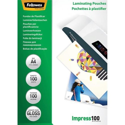 Fellowes A4 Laminating Pouches Gloss 100 Micron, Pack of 100