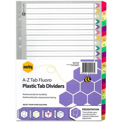 Marbig Index Dividers 22 Tab A-Z A4 Manilla/Plastic Fluoro Colours