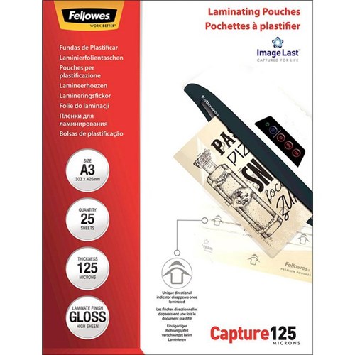 Fellowes A3 Laminating Pouches Gloss 125 Micron, Pack of 25