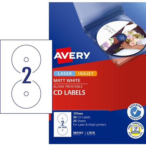 Avery CD/DVD Laser Inkjet Labels L7676 White 2 Per Sheet