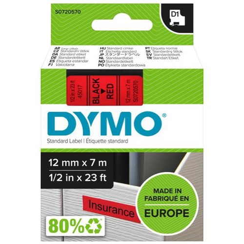 Dymo Labelling Tape Cassette LabelManager D1 45017 12mm x 7m Black on Red