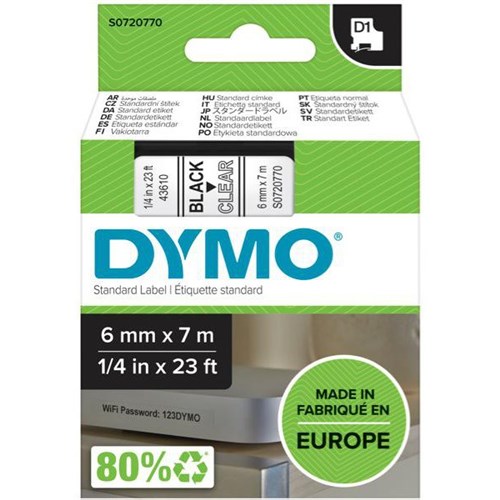 Dymo Labelling Tape Cassette LabelManager D1 43610 6mm x 7m Black on Clear