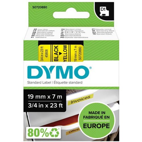 Dymo Labelling Tape Cassette LabelManager D1 45808 19mm x 7m Black on Yellow