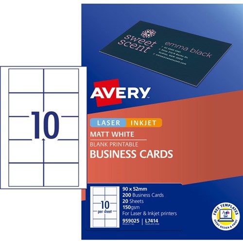 Avery Laser Inkjet Business Cards L7414 90 x 52mm 10 Per Sheet 200 Cards Micro-perforated