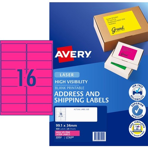 Avery High Visibility Shipping Laser Labels L7162FP Fluoro Pink 16 Per Sheet