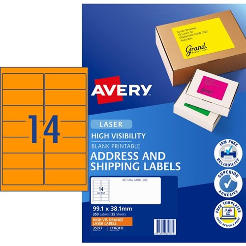 Avery High Visibility Shipping Laser Labels L7163FO Fluoro Orange 14 Per Sheet