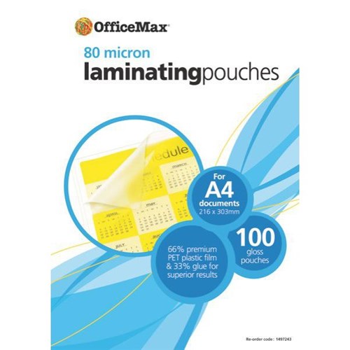 OfficeMax A4 Laminating Pouches Gloss 80 Micron, Pack of 100