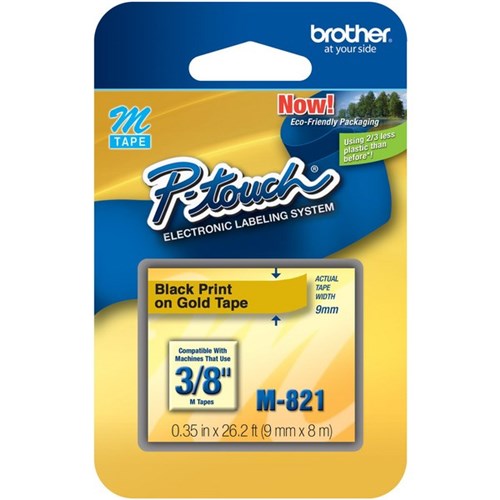 Brother Labelling Tape Cassette M-821 9mm x 8m Black on Gold 