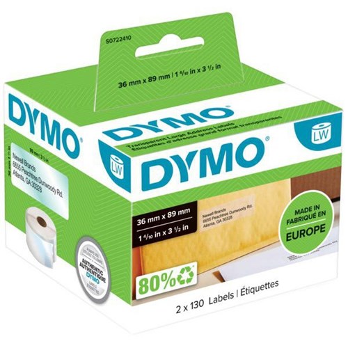 Dymo LabelWriter Address Labels Large 99013 36x89mm Clear, Box of 260