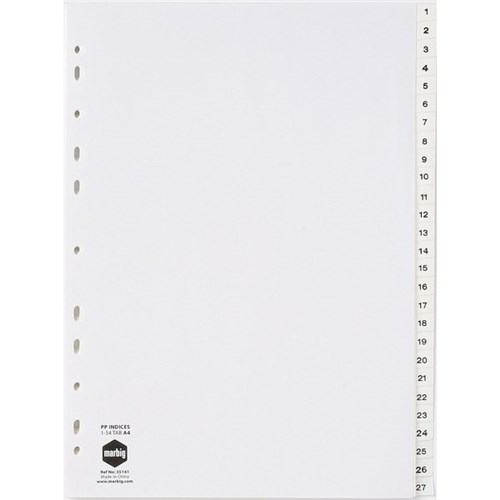 Marbig Index Dividers 54 Tab 1-54 Numerical A4 Polypropylene White
