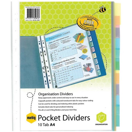 Marbig Index Dividers 10 Tab Top Opening Copysafe Pocket A4