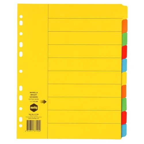 Marbig Index Dividers 10 Tab Extra Wide A4 Manilla Bright Colours