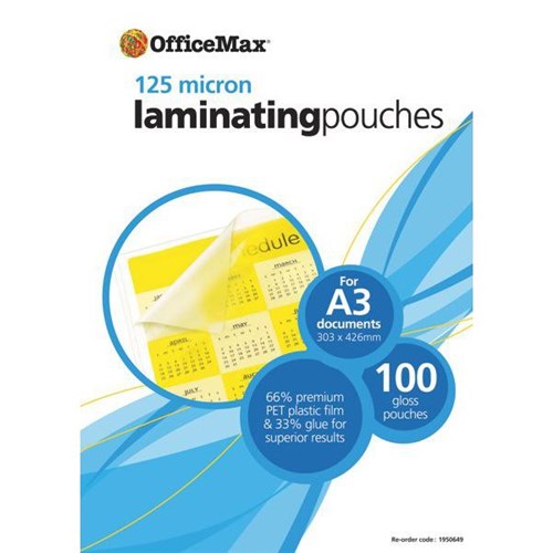 OfficeMax A3 Laminating Pouches Gloss 125 Micron, Pack of 100