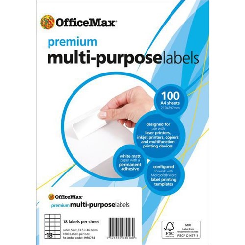 OfficeMax Premium Multi-Purpose Labels 63.5x46.6mm L7161 White 18 Per Sheet