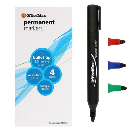 OfficeMax Assorted Colours Permanent Markers Bullet Tip, Pack of 4