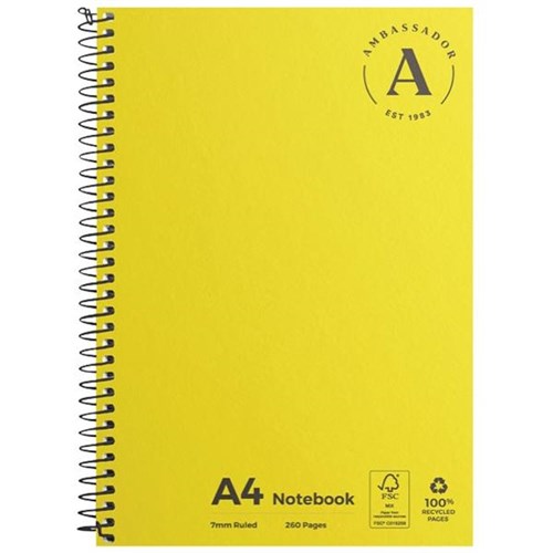 Ambassador A4 Spiral Notebook FSC 7mm Ruled 260 Pages Yellow