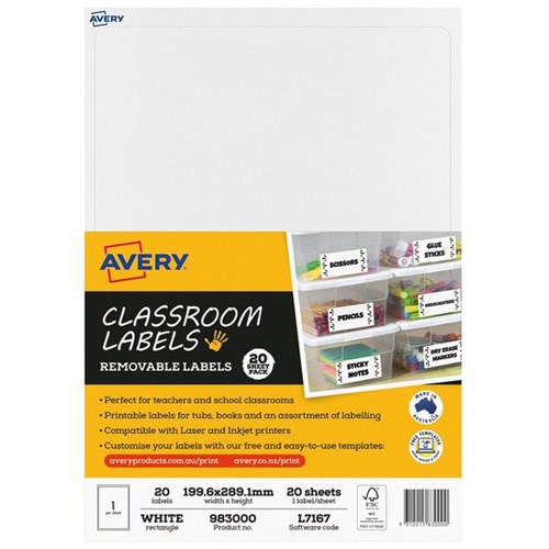 Avery 1Up Classroom Labels 199.6x289.1mm White, 1 Per Sheet