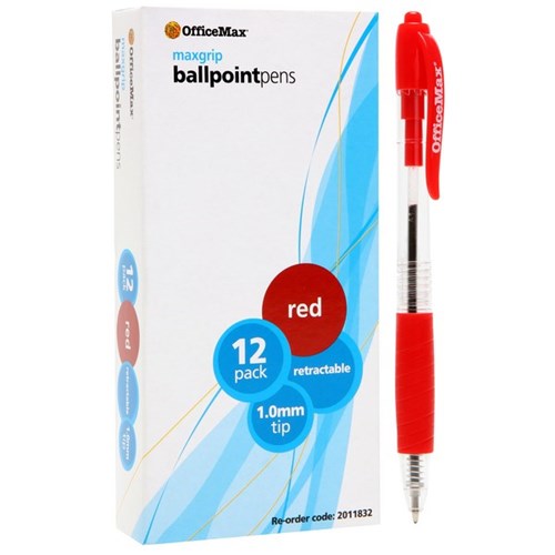 OfficeMax MaxGrip Red Retractable Ballpoint Pen 1.0mm Medium Tip, Box of 12