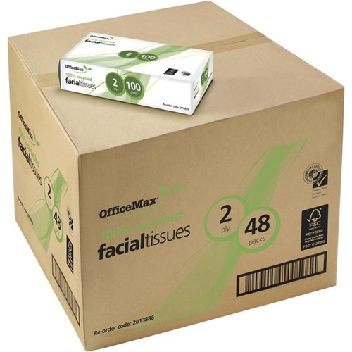 OfficeMax Eco Facial Tissue 100% Recycled 2 Ply, 48 Packs of 100 Sheets