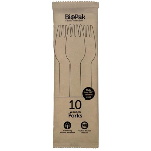 Biopak Disposable Wooden Fork 160mm, Pack of 10