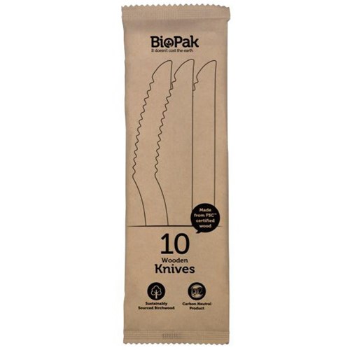 BioPak Disposable Wooden Knives 160mm, Pack of 10