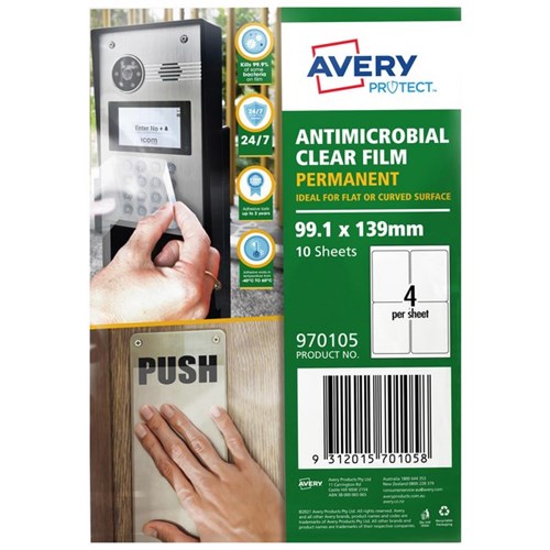 Avery Protect Anti-Microbial Permanent Film 99.1 x 139mm 4 Per Sheet