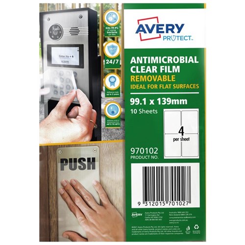 Avery Protect Anti-Microbial Removable Film 99.1 x 139mm 4 Per Sheet