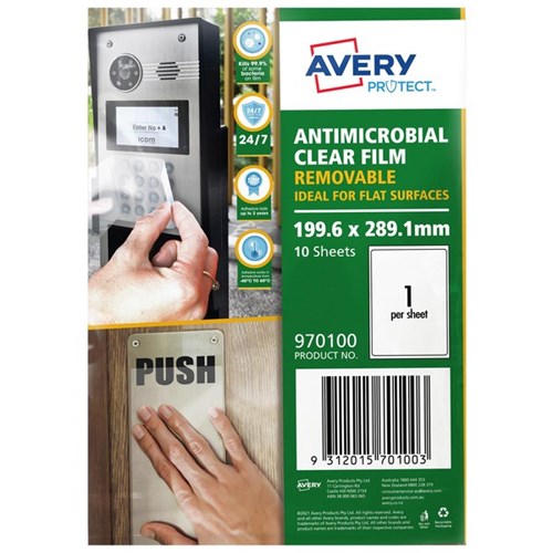 Avery Protect Anti-Microbial Removable Film 199.6 x 289.1mm 1 Per Sheet
