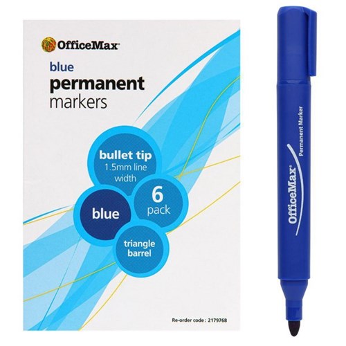 OfficeMax Blue Permanent Markers Bullet Tip, Pack of 6