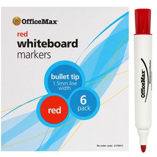 OfficeMax Red Whiteboard Markers Bullet Tip, Pack of 6