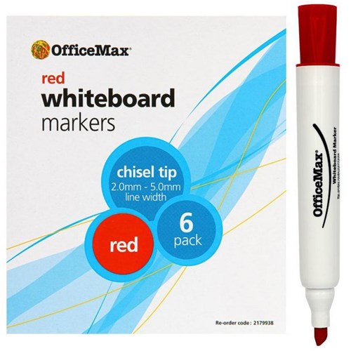 OfficeMax Red Whiteboard Markers Chisel Tip, Pack of 6