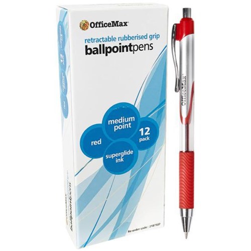OfficeMax Red Retractable  Rubber Grip Ballpoint Pens 1.0mm Medium Tip, Pack of 12