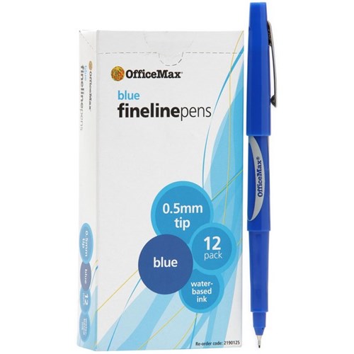 OfficeMax Blue Fine Line Pens 0.5mm Fine Tip, Box of 12